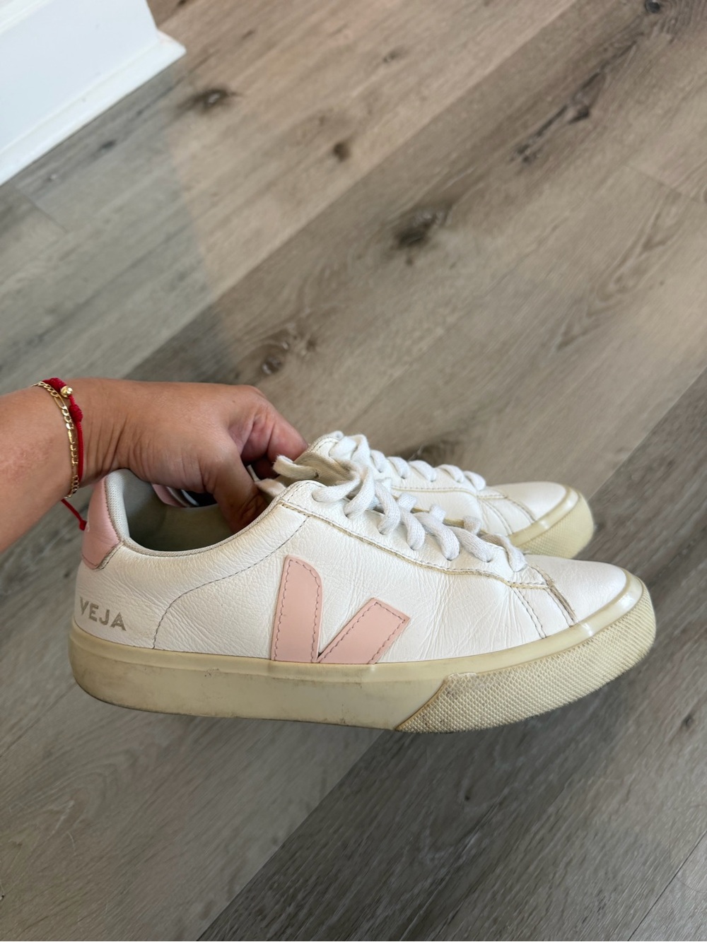 Veja White Leather Sneakers with Pink V Detail